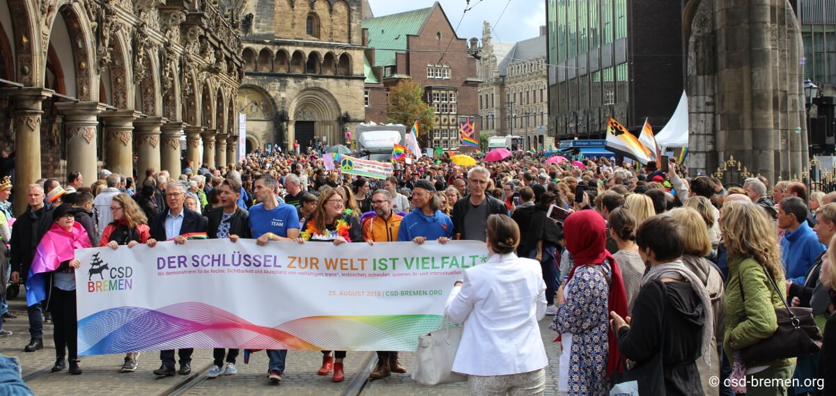 Ein Auszug von der CSD-Bremen-Demo 2018 mit dem Banner vor der Demo.